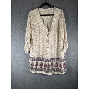 En Creme Top Women Medium V Neck Tunic Roll Tab Floral‎ Boho Chic Cottagecore
